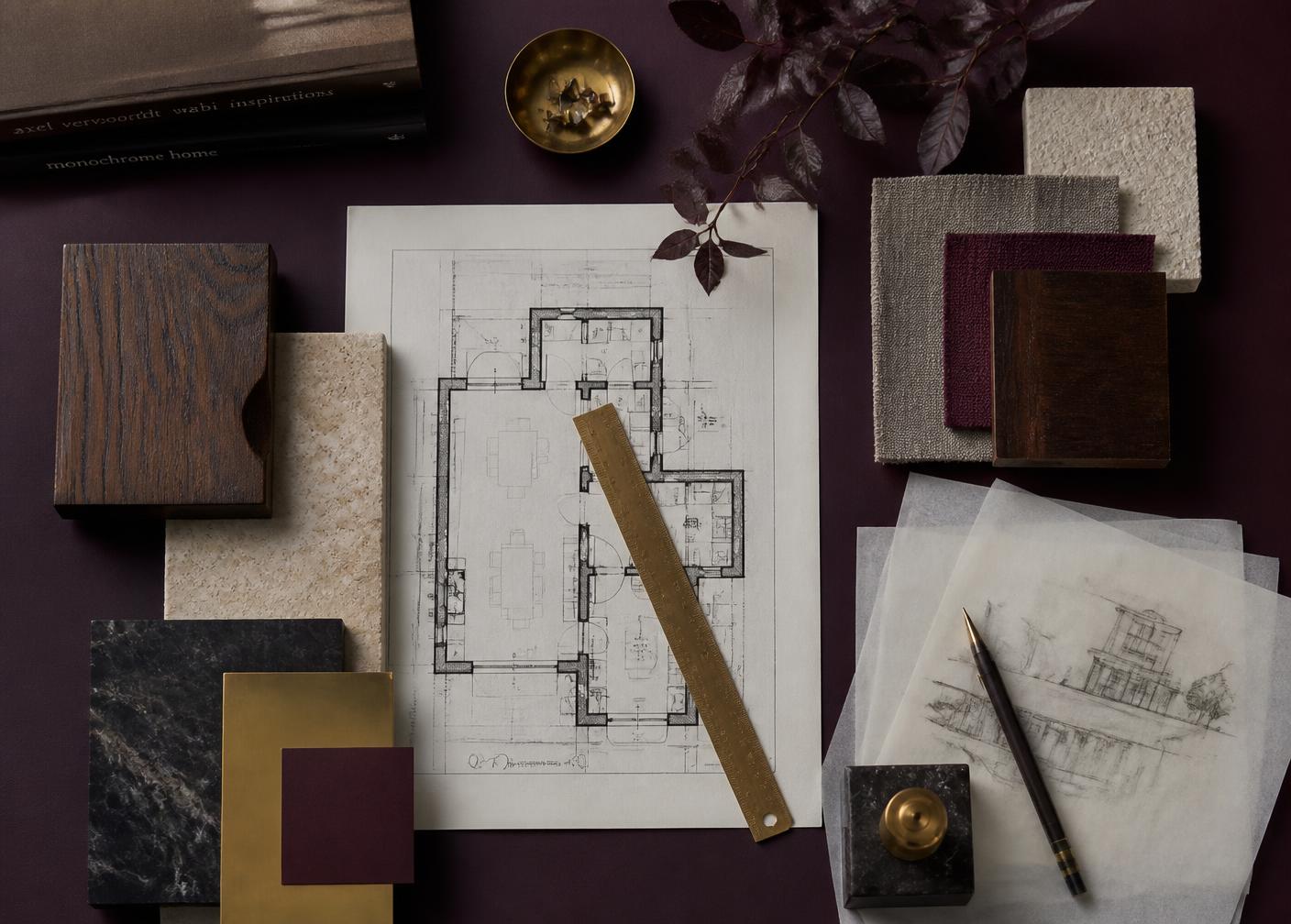 Architect's material palette with floor plans and finish samples