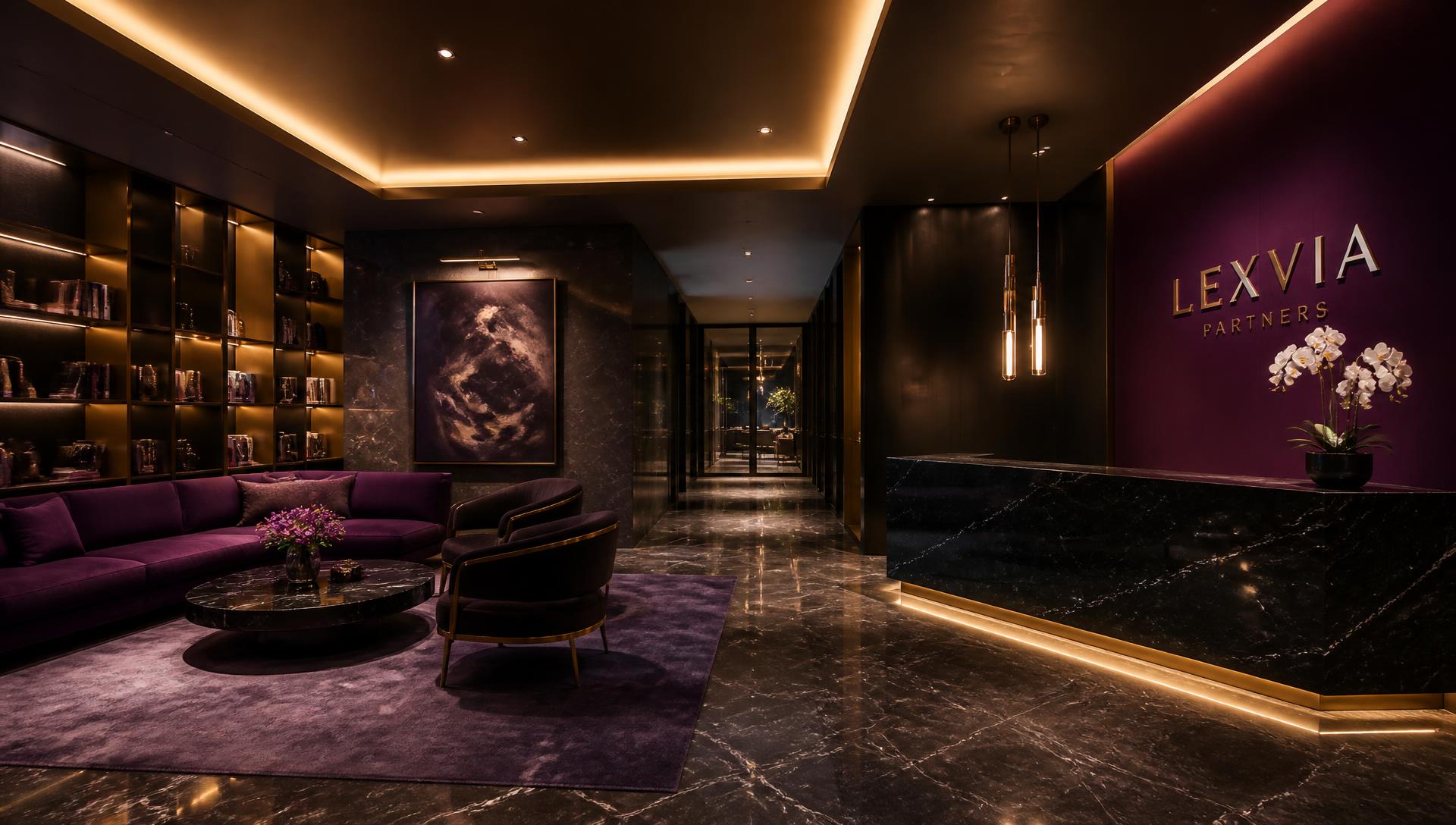 Contemporary corporate interior with warm gold lighting